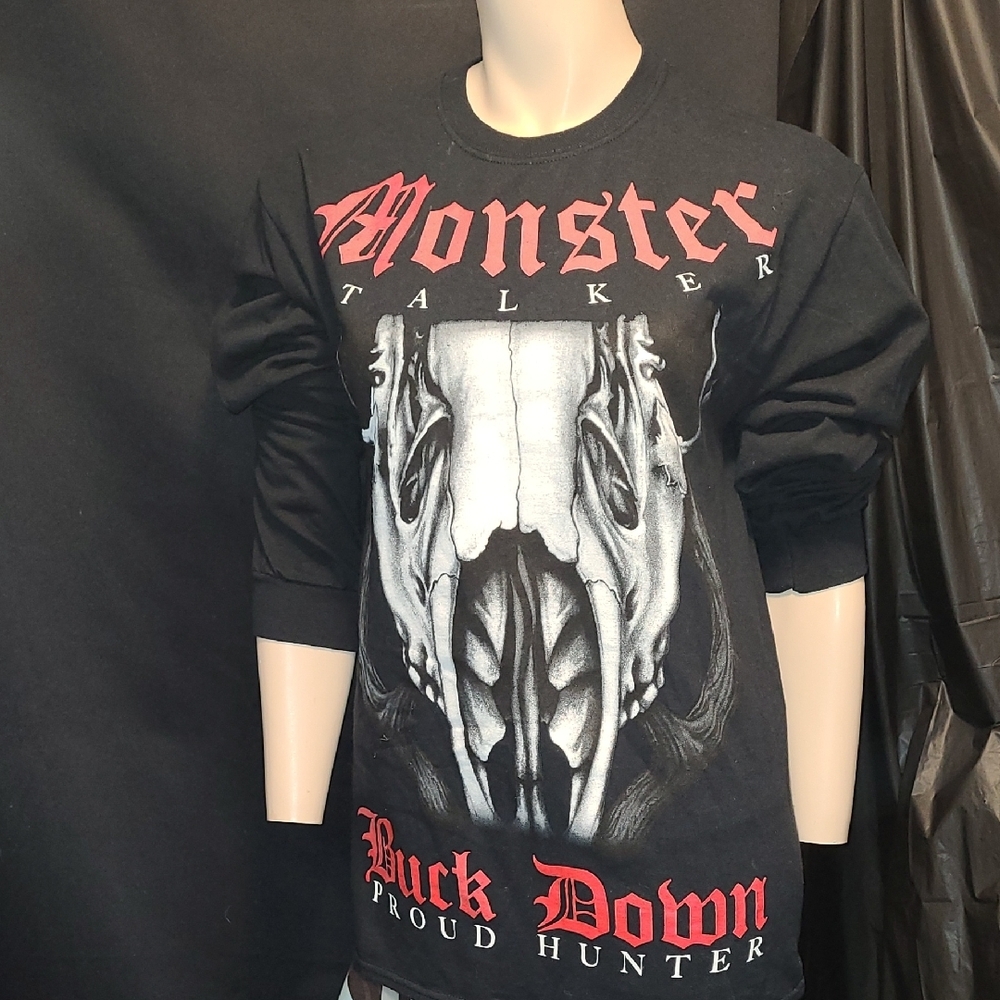 Gildan Vintage Style Black Graphic Long Sleeve Tee MONSTER STALKER Size Med